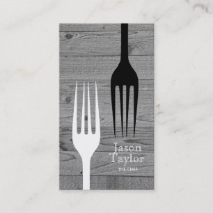 Chef Catering Restaurant Food Fork Logo Gray Wood Business Card