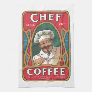 Chef coffee vintage art nouveau kitchen blue red towel