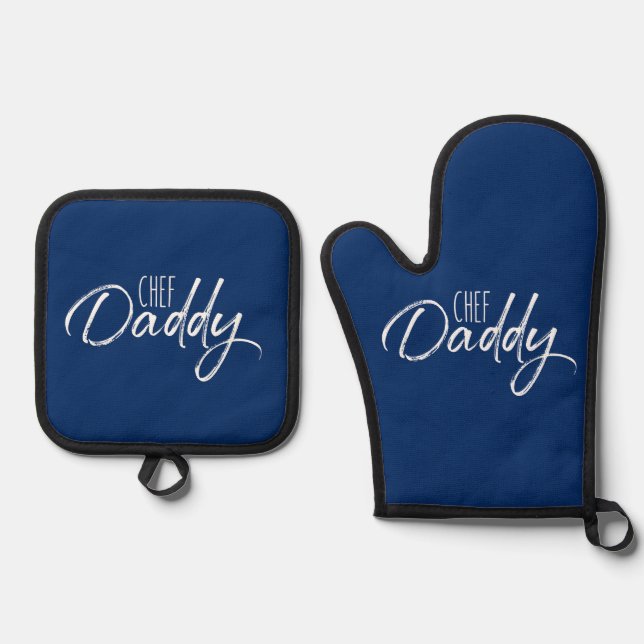 Chef Daddy White Typography Modern Blue Oven Mitt & Pot Holder Set (Front)
