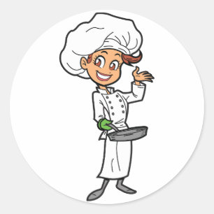 Chef féminin avec des autocollants d'une poêle