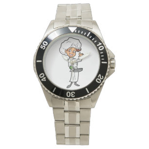 Chef féminin avec une montre de poêle