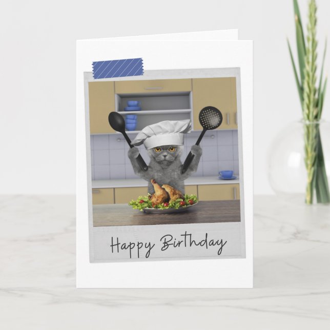 Chef Grey Cat Funny Birthday Card (Front)