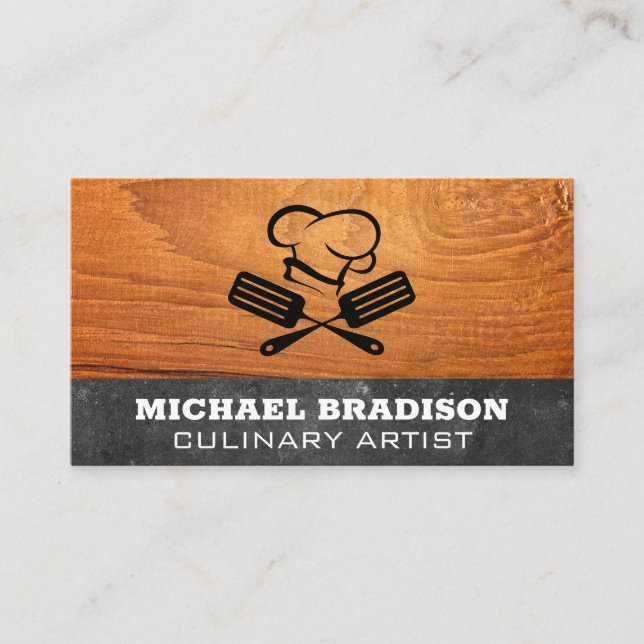 Chef Hat and Spatulas | Wood and Slate Business Card (Front)