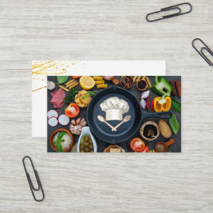 Chef Hat Logo   Frying Pan   Food Vegetables Business Card