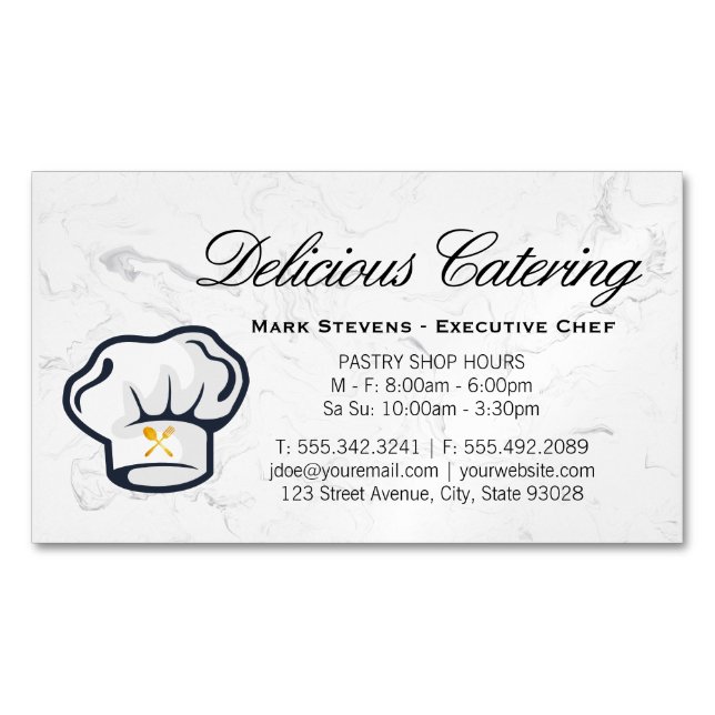 Chef Hat | Silverware | Marble Background Magnetic Business Card (Front)