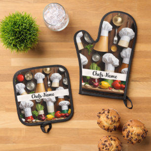 Chef Hats Personalized Oven Mitt & Pot Holder Set