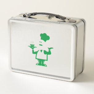 Chef holding a bowl of soup metal lunch box