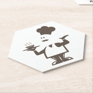 Chef holding a bowl of soup paper coaster
