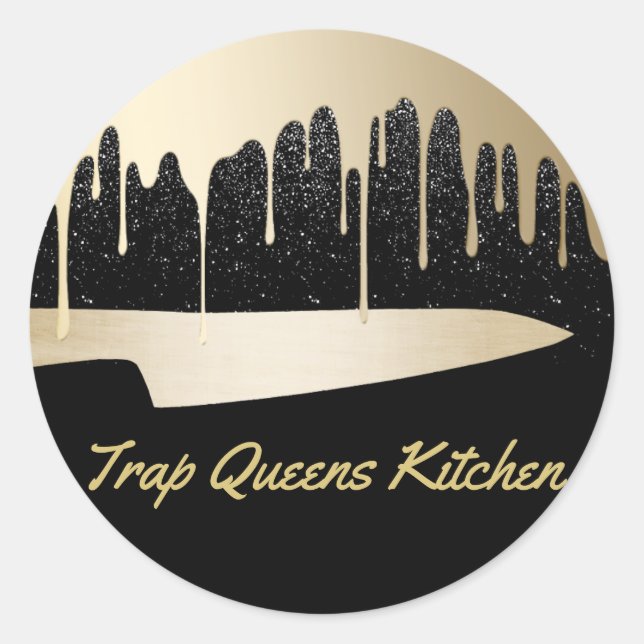 Chef Knife Catering Restaurant Modern Black & Gold Classic Round Sticker (Front)