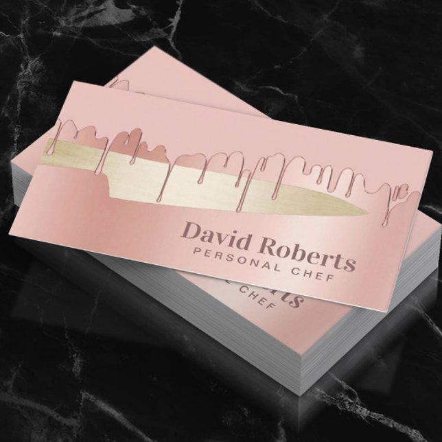 Chef Knife Catering Restaurant Modern Rose Gold Business Card (Creator Uploaded)