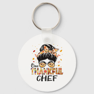 Chef One Thankful Messy Bun Women Thanksgiving Fal Keychain