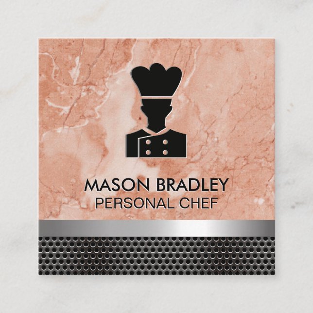 Chef | Orange Marble | Metallic Trim Square Business Card (Front)