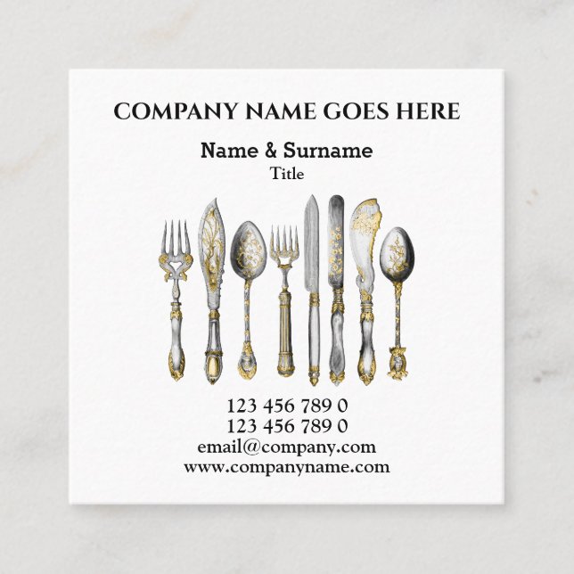 Chef private catering services gold cutlery set square business card (Front)