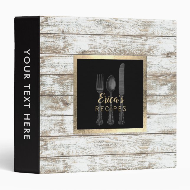 Chef Recipes Vintage Silverware Rustic Wood Binder (Front/Spine)