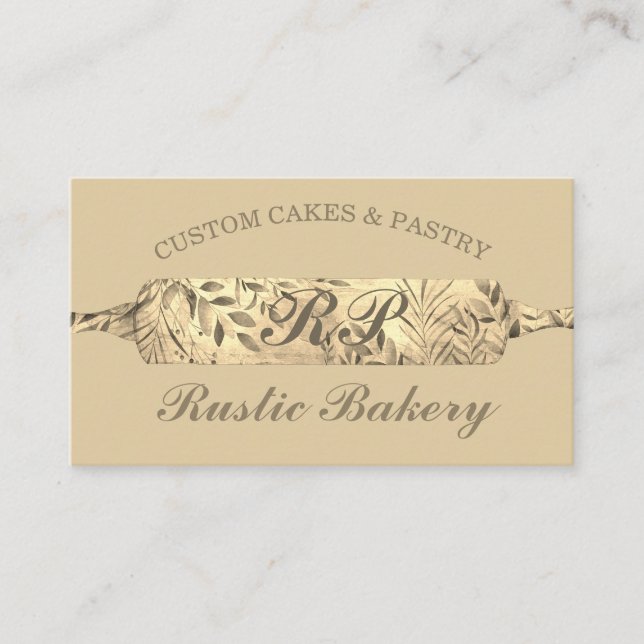 Chef Rustic Floral Rolling pin Bakery gold boho Business Card (Front)