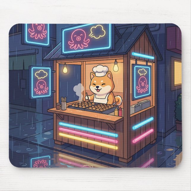 Chef Shiba's Neon Takoyaki Stand Mouse Pad (Front)