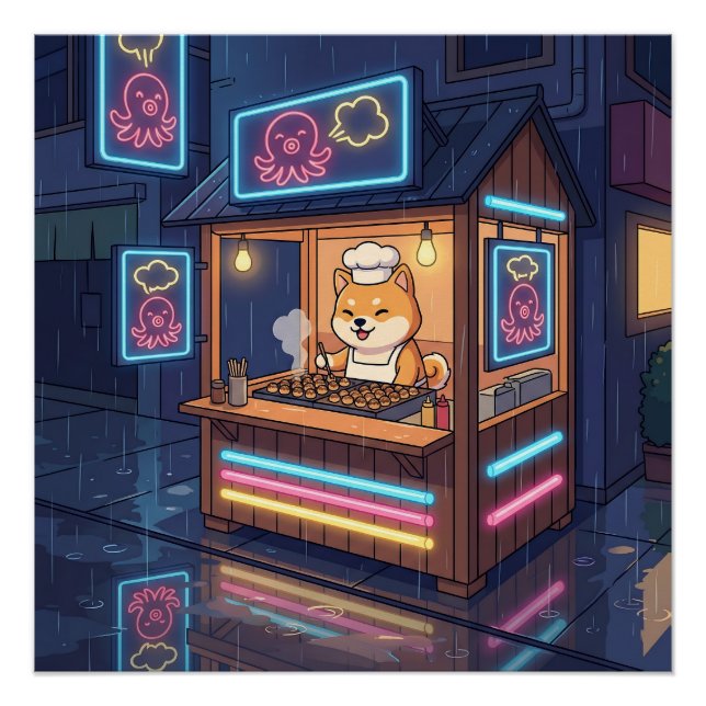 Chef Shiba's Neon Takoyaki Stand Poster (Front)