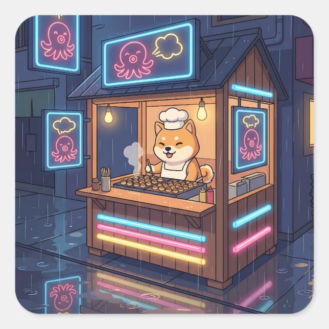 Chef Shiba's Neon Takoyaki Stand Square Sticker (Front)