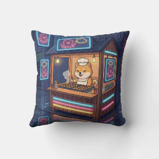 Chef Shiba's Neon Takoyaki Stand Throw Pillow