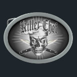 Chef Skull 3.1 Oval Belt Buckle<br><div class="desc">A cool sinister chef skull with glaring eyes, wearing his chef hat in front of two sharp crossed carving knives behind a spotlit background. Entitled "Killer Chef, " this product is a great gift for the head chef, sous chef, pastry chef, line cook, home cook, or anyone with a fierce...</div>