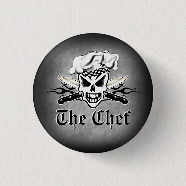 Chef Skull adn Flaming Chef Knives 2 1 Inch Round Button (Front)