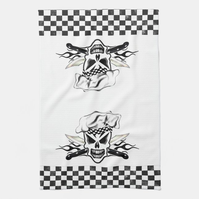 Chef Skull adn Flaming Chef Knives 2 Kitchen Towel (Vertical)
