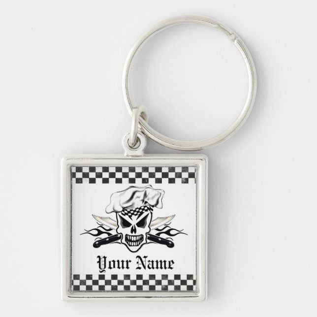 Chef Skull and Flaming Chef Knives 2 Keychain (Front)