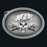 Chef Skull and Flaming Chef Knives 2 Oval Belt Buckle<br><div class="desc">Show off your Chef Pride this cool customizable chef skull buckle, featuring a sinister chef skull wearing his chef hat, with two sharp crossed chef carving knives, in front of a bold black flame. The background is removable, and may be changed to a colour of your choice. This product is...</div>