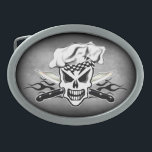 Chef Skull and Flaming Chef Knives 2 Oval Belt Buckle<br><div class="desc">Show off your Chef Pride this cool customizable chef skull buckle, featuring a sinister chef skull wearing his chef hat, with two sharp crossed chef carving knives, in front of a bold black flame. The background is removable, and may be changed to a colour of your choice. This product is...</div>