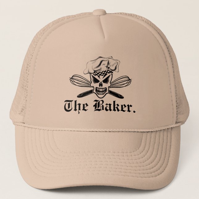 Chef Skull and Whisks: The Baker Trucker Hat (Front)