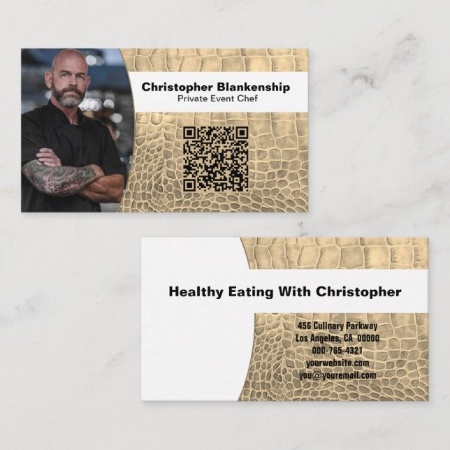 Chef Tan Snake Skin Texture Custom Photo QR Code Business Card (Front/Back)