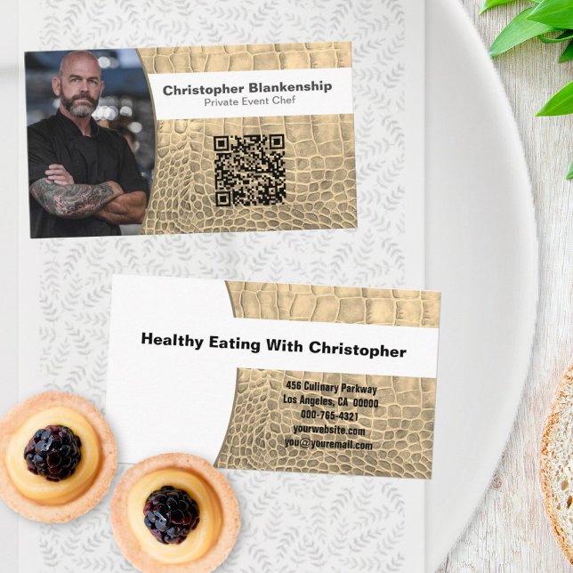 Chef Tan Snake Skin Texture Custom Photo QR Code Business Card (Creator Uploaded)