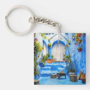 Chefchaouen Blue City Morocco Oil Painting Boho Keychain