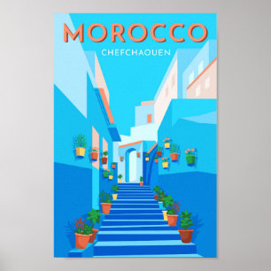 Chefchaouen Morocco Vintage Travel Illustration Poster