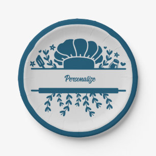 Chef's Hat Blue Grey Cook Personalized Party Paper Plate