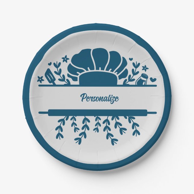 Chef's Hat Blue Grey Cook Personalized Party Paper Plate (Front)