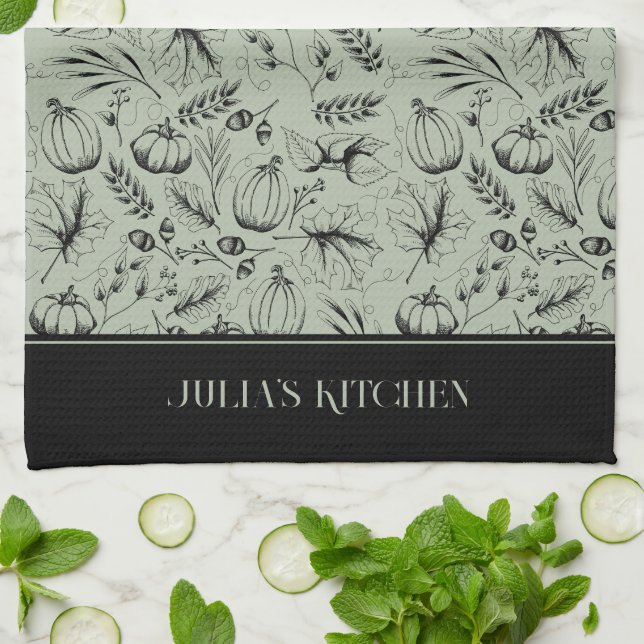 Chef's Kitchen Sage Green Modern Fall Illustration Kitchen Towel (Folded)