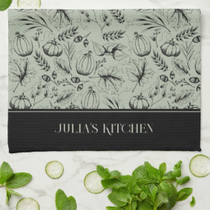 Chef's Kitchen Sage Green Modern Fall Illustration Towel