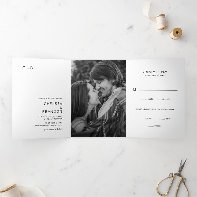Chelsea Black and White Modern Wedding Tri-Fold Invitation (Inside)