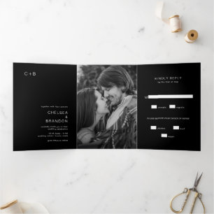 Chelsea Black Modern Wedding Tri-Fold Invitation