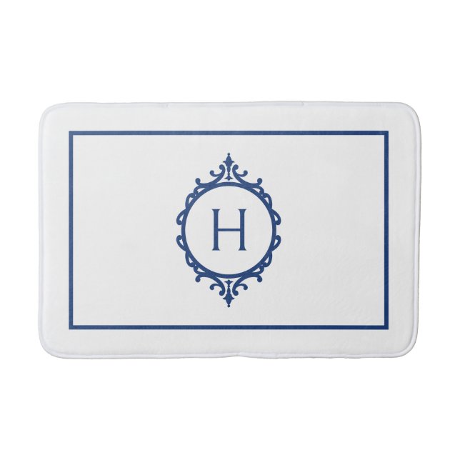 Chelsea Blue and White Monogrammed Bath Mat (Front)