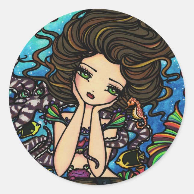 "Chelsea" Mermaid and Octopus Art Classic Round Sticker (Front)