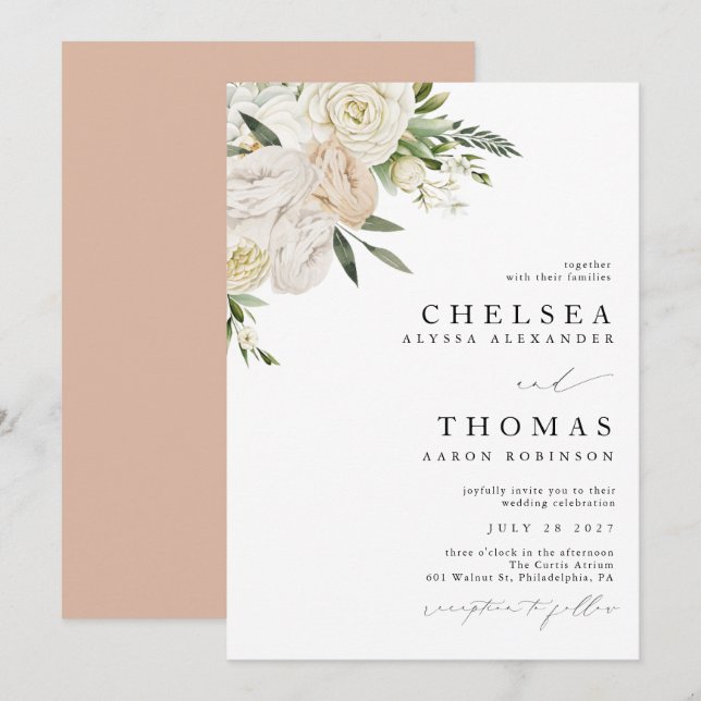 CHELSEA Watercolor White Blooms Wedding Invitation (Devant / Derrière)