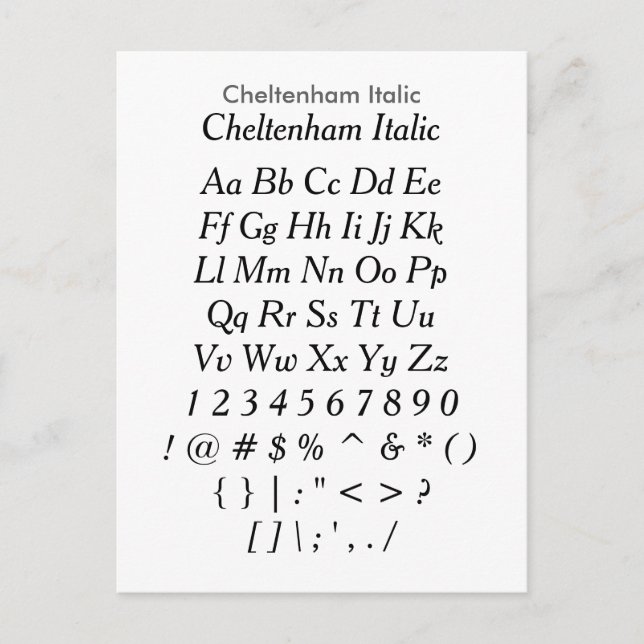 Cheltenham Italic - Zazzle Font Sample Sheet Postcard (Front)