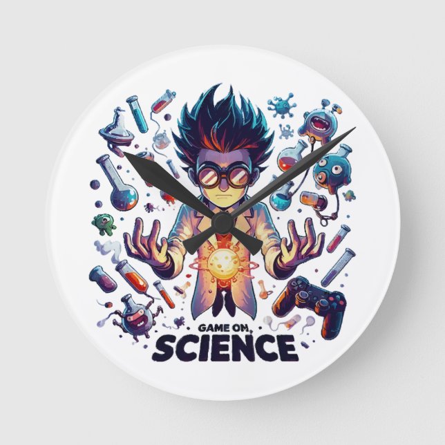Chemical Concoction Game On, Science Theme Round Clock (Front)
