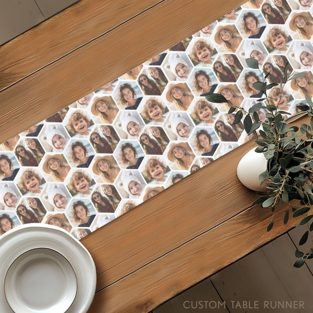 Chemin De Table Court 5 Photo Collage Honeycomb Hexagon Motif - blanc (Custom Photo Table Runner - Instant Photo Collage)
