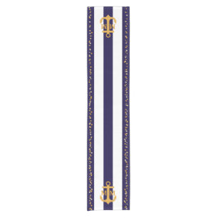 Chemin De Table Court Ancre Monogramme des points d'or des bandes bleues