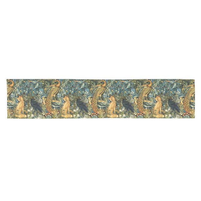 Chemin De Table Court ANIMAUX FORESTIERS, RAVEN, FOX, PEACOCK Blue Green (Horizontal)