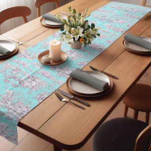 Chemin De Table Court Aqua vintage fleurie bleu toile de jouy