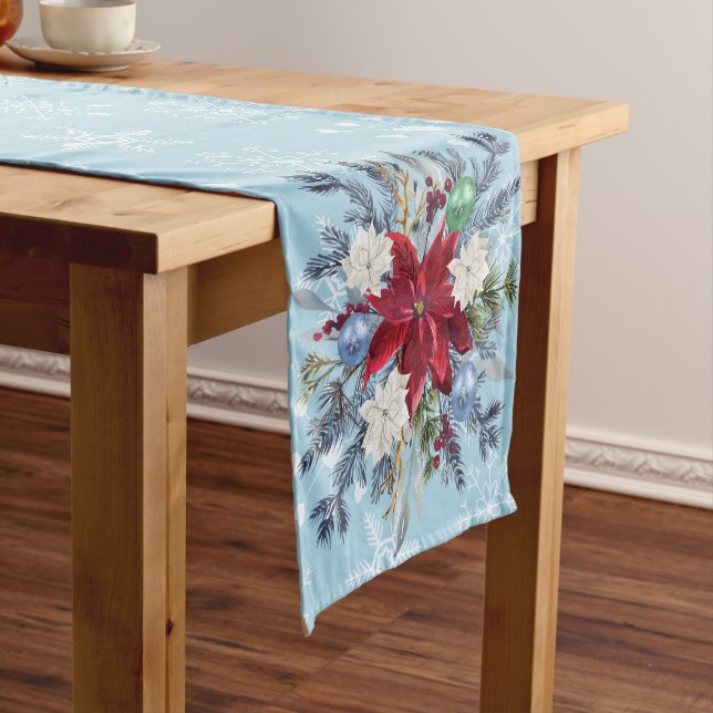 Chemin De Table Court Aquarelle de Noël Blue Snowflake Poinsettia (In Situ)